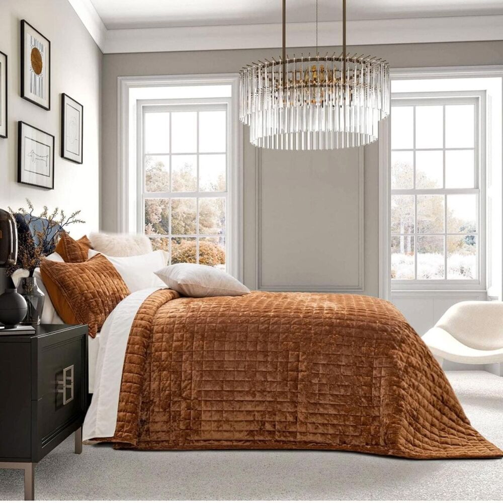 Rust Amber Velvet Queen Quilt Coverlet Set Luxury Bedding Comforter Shams NEW